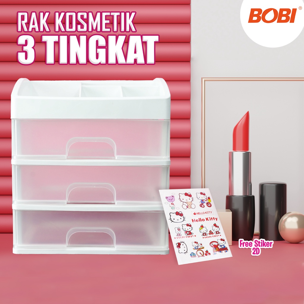 Rak Kosmetik Putih HELLOKITY / Rak Make Up Susun Plastik 3 Laci Putih Plastik / Rak Serbaguna Merk Bobi