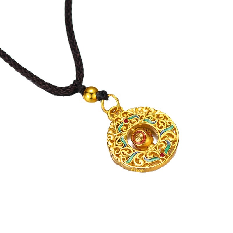 Goldkingdom Fashion Perhiasan Emas Asli Kadar 375Bangkok Aksesoris Ready Stock Retro Membakar Liontin Biru Sepuhan Berputar Fu Karakter Guanyin Xiangyun Kalung Untuk Pria Dan Wanita