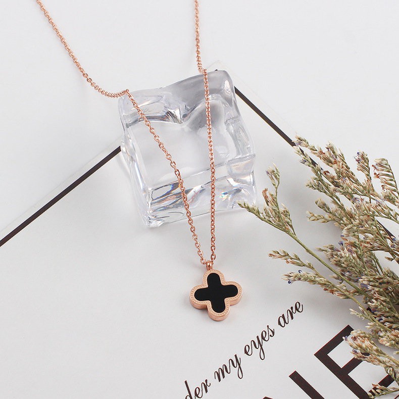 Kalung Rantai Dengan Liontin Daun Clover Dua Sisi Untuk Wanita  | Kalung Rantai Rose Gold 18k Untuk Wanita | Aksesoris Perhiasan Bahan Stainless Steel Titanium