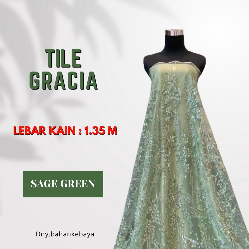 Kain Bahan Brokat Tile Bordir Payet Gracia Warna Hijau Sage Green di Jual Per Setengah Meter