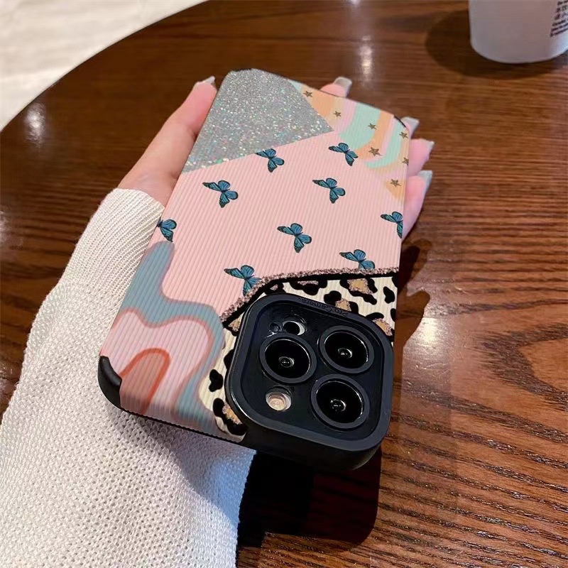 【Lamb Skin】Vertical Grain Soft Case for IPhone 6S 7 Plus 8 Plus X XS XR XS Max 11 13 12 14 PRO Max 14 Plus Black Fashion Pink Leopard butterfly Girl