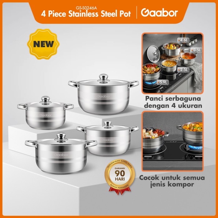 Terlaris Gaabor Panci Sop Set 4 Ukuran Stainless Steel Tutup Kaca / Gs-S0246A