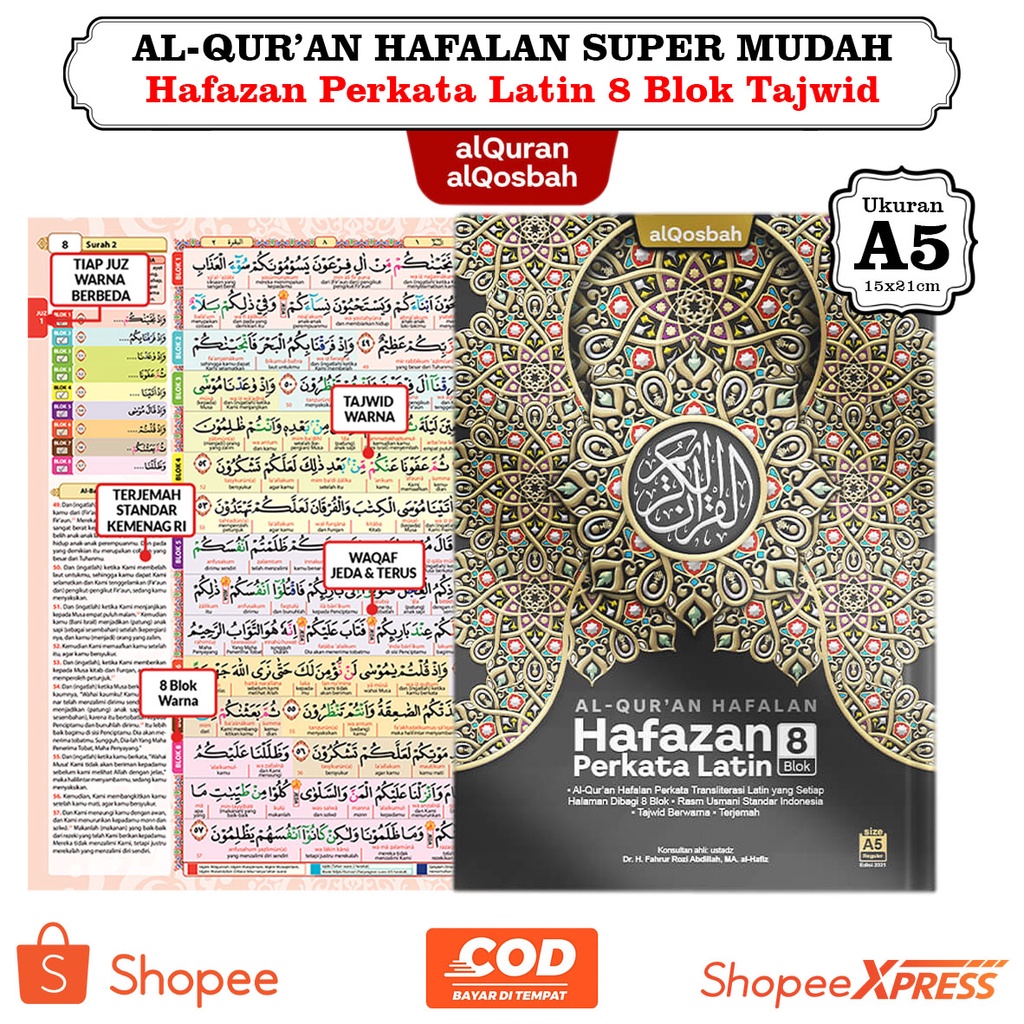 AT Al-Qur'an Hafazan ( A5 Sedang & A4 Besar ) Hafalan Terjemah Perkata Latin 8 Blok dan Tajwid