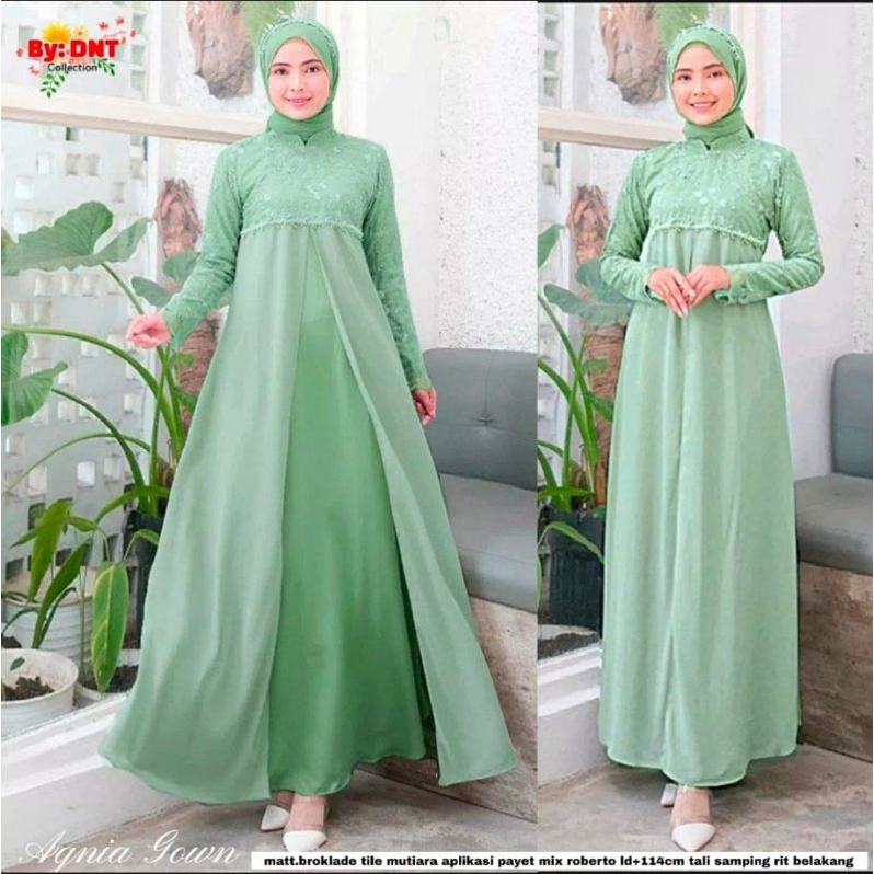 AGNIA GOWN DRESS GAMIS BUSANA MUSLIM LEBARAN BROKAT TILLE MODERN MODIS BRIDESMAID HAJATAN KONDANGAN 