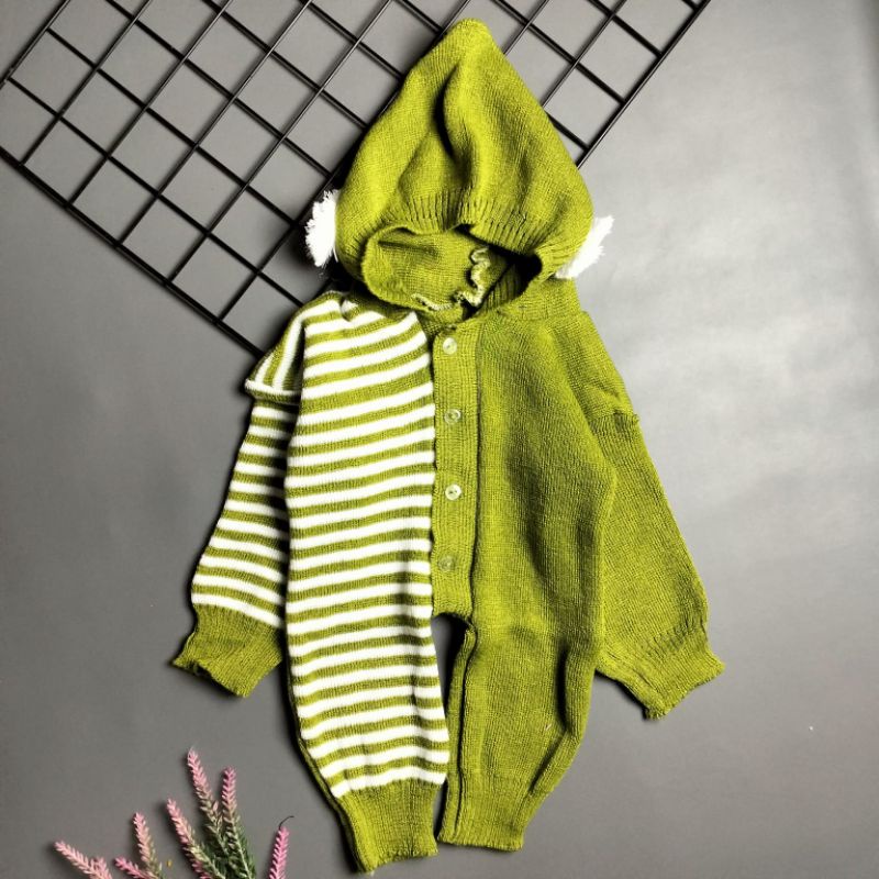 jumper rajut hoodie bayi 0-6 bulan motif salur kombinasi pompom