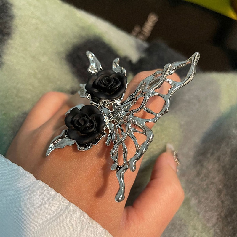 Black Rose Butterfly Trendy Desain Niche Classy Opening Adjustable Ring