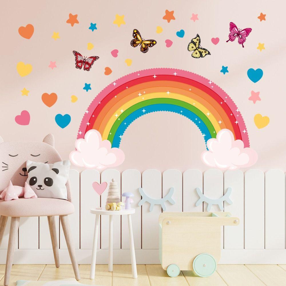 [Elegan] Pelangi Stiker Dinding Tahan Air Removable Hand-painted Art Mural Self-adhesive Tahan Air Untuk Anak-Anak Perempuan Kamar Tidur Latar Belakang Dekorasi Dinding Kupu-Kupu Stiker