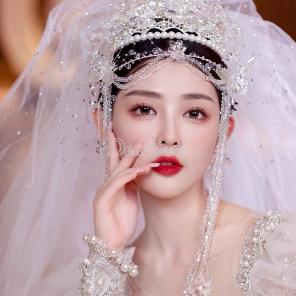 Bridal Wedding Dress Hiasan Kepala Buatan Tangan Manik-Manik Gaun Pernikahan Hairband Kristal Panjang Rumbai Kupu-Kupu Dahi Rantai