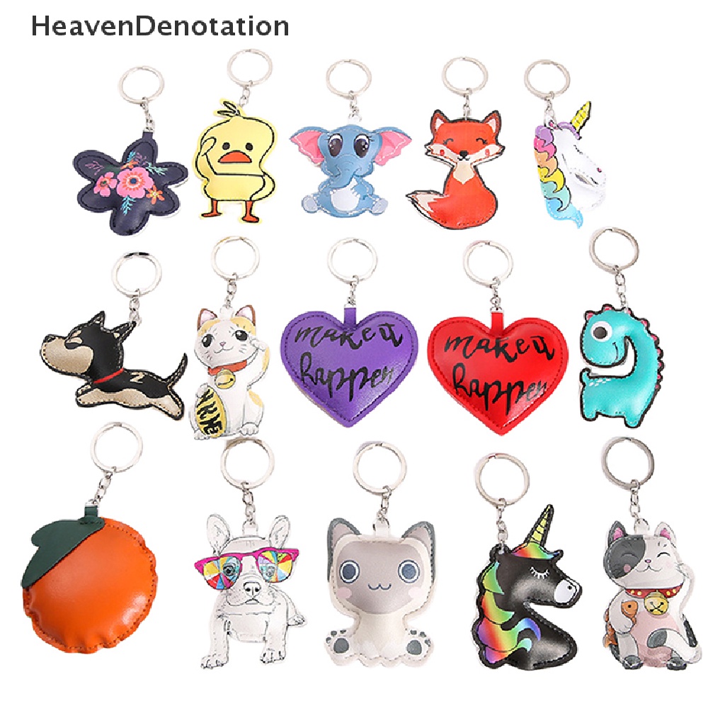 [HeavenDenotation] Kawaii Kartun Gantungan Kunci Kulit PU Lucky Cat Fox Dinosaurus Bulldog Key Chain Bag Pendant Keyring Hadiah HDV