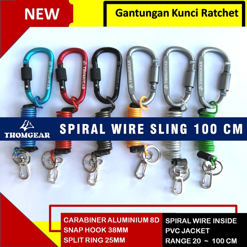 Tali Pengaman Carabiner Gantungan Kunci Spiral Lanyard 100 cm Besar dan Kecil Custom Untuk Kunci Ratchet Pistol Kontak Motor Mobil Elastis Bahan Kawat Sling Lanyard 05