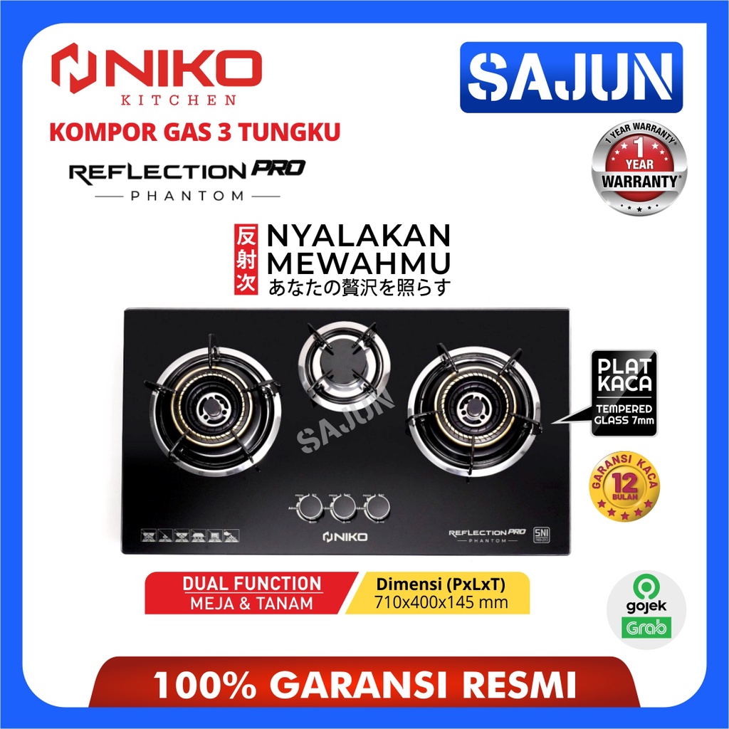 Niko Pro Phantom Kompor Gas Kaca 3 Tungku