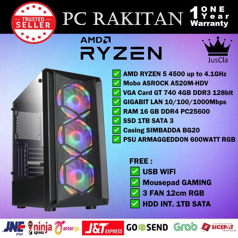 PC KOMPUTER AMD RYZEN 5 4500 4,1GHz|RAM 16GB|VGA GT 740 4GB|SSD 1 TB SATA|HDD 1TB|USB WIFI