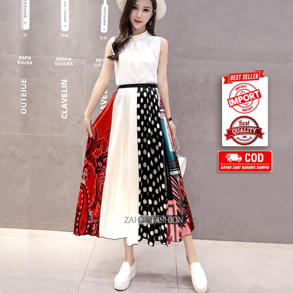 ♙ Rok Plisket Motif Polkadot Satin Premium Import murah 7/8 style korea terbaru | 321-3 | Rok Priske
