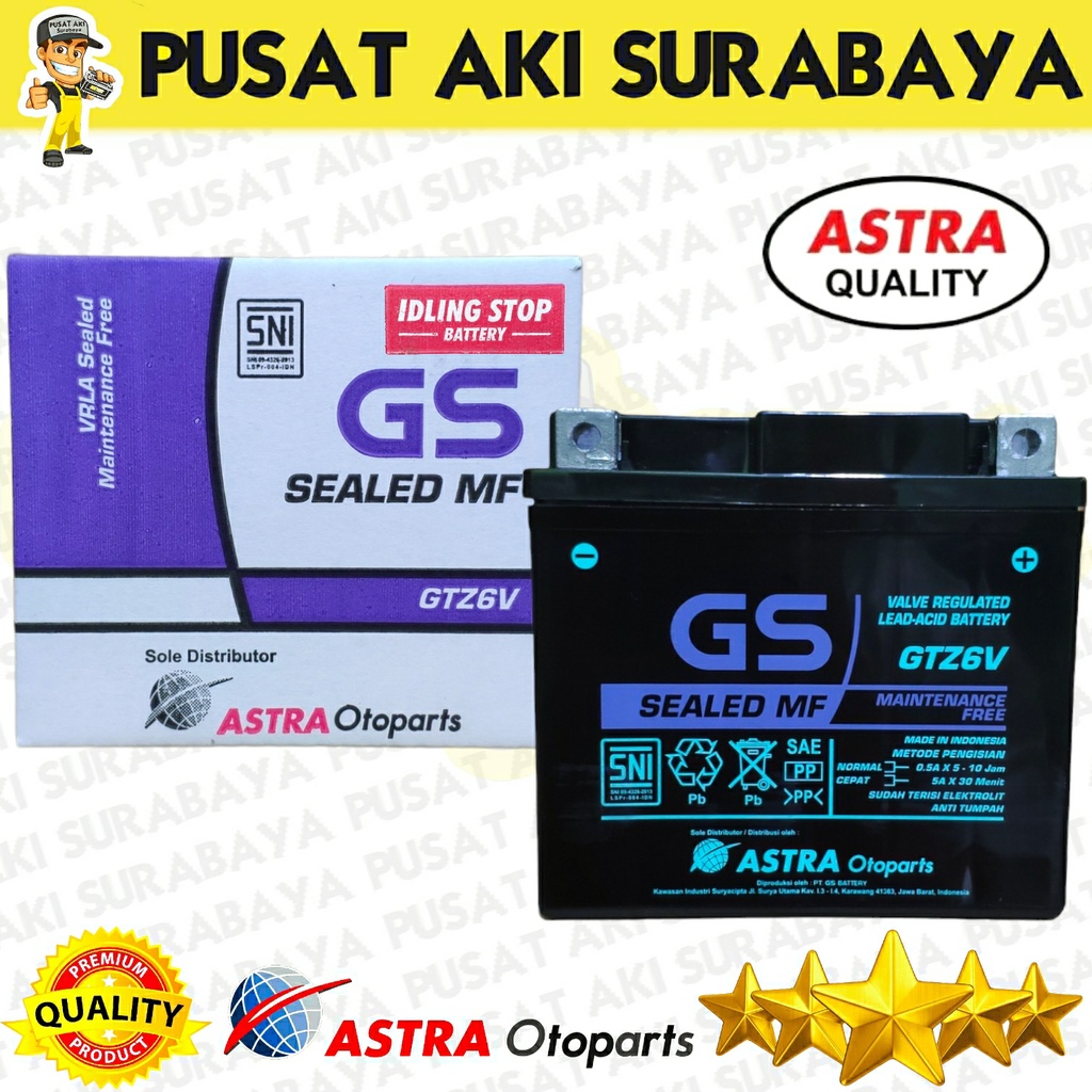 PUSAT AKI SURABAYA GS ASTRA GTZ6V ORIGINAL ACCU PABRIK AKI KERING SEPEDA MOTOR HONDA VARIO SCOOPY SATRIA FU CBR R25 MTZ6S YTZ6V GTZ7S