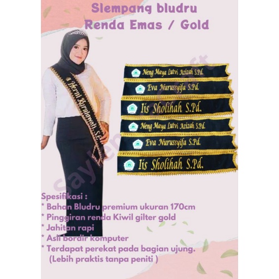 SEHARI JADI Slempang wisuda bludru renda emas / Selempang wisuda bludru custom / selempang bordir ko