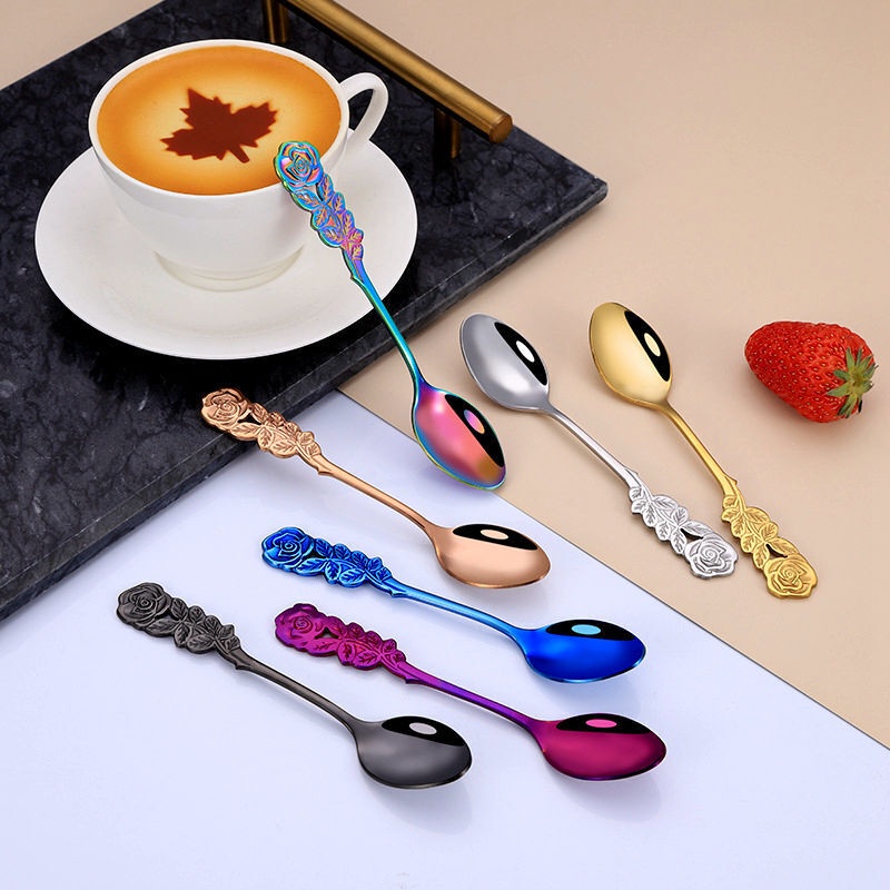 Kreatif Bentuk Bunga Mawar Handle Sendok Garpu Buah Stainless Steel Cutleries Kopi Teh Sendok Pengaduk Es Krim Sendok Dessert Spoon Tableware