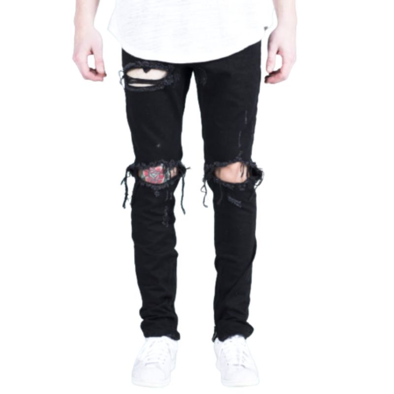 CELANA JEANS SOBEK PRIA RIPPED ROBEK SLIMFIT SKINNY PENSIL STRETCH HITAM 27-38