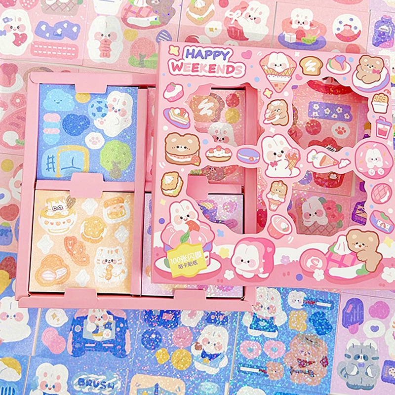 100lembar Kartun Motif Campur Glitter Deco Stiker Indah Stiker Kotak Jepang
