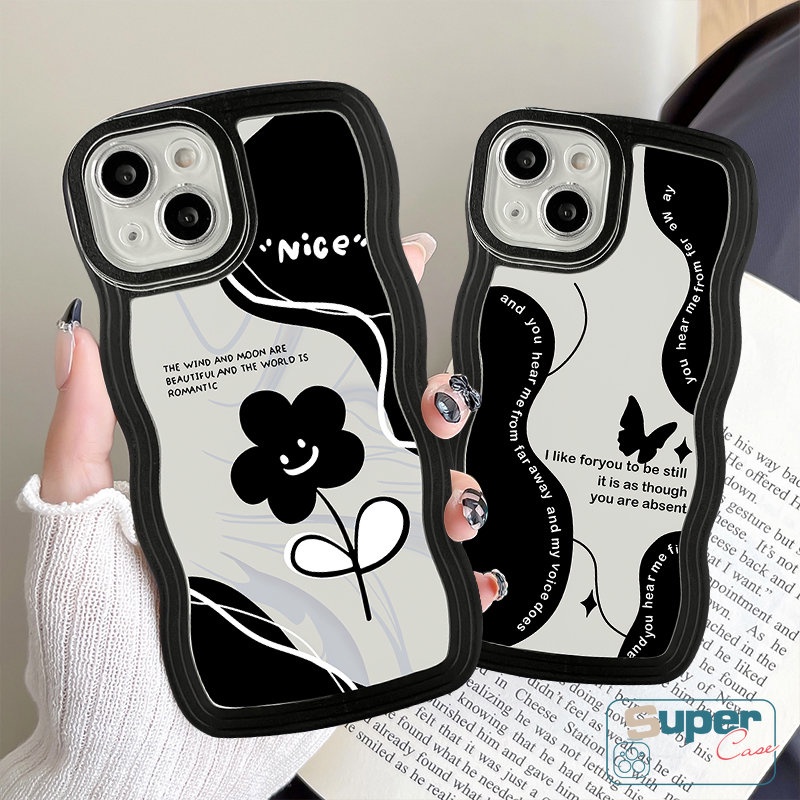 Casing Bunga Vintage Realme C55 C35 C30 C25s C21Y C33 C11 C15 C25Y C25 C12 Realme 9 5 10 6i 9i 8 8i 7i 5i 7 5s C20 8Pro C20A 9Pro+C3 C17 Wavy Edge Black Retro Butterfly Soft Case