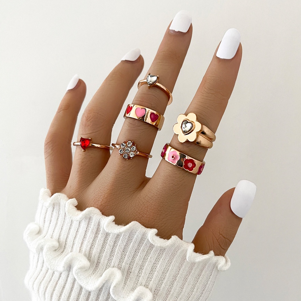 Kepribadian Fashion Warna Tetesan Minyak Warna Cinta Bunga Air Berlian Cincin Bersama Cincin Wanita 6-piece Set 6-piece Set Ring