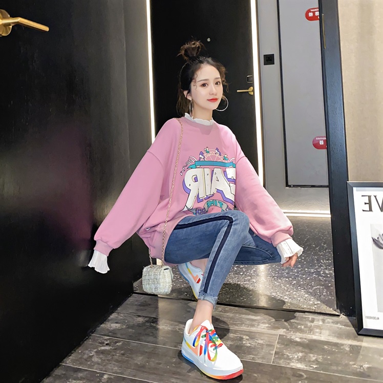 yikoo-Plus size sweater jaring tambal sulam sweatshirts korea wanita