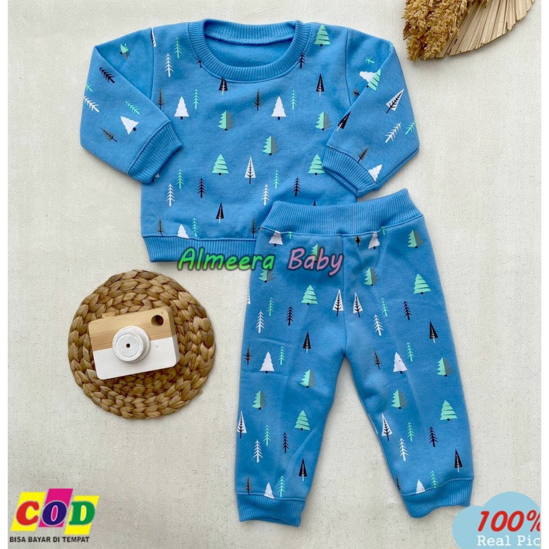 Setelan Baju Bayi Setelan Sweater Celana Joger Motif Pinus Bahan Flecee Usia 3-12 Bulan Almeera Baby and Kids