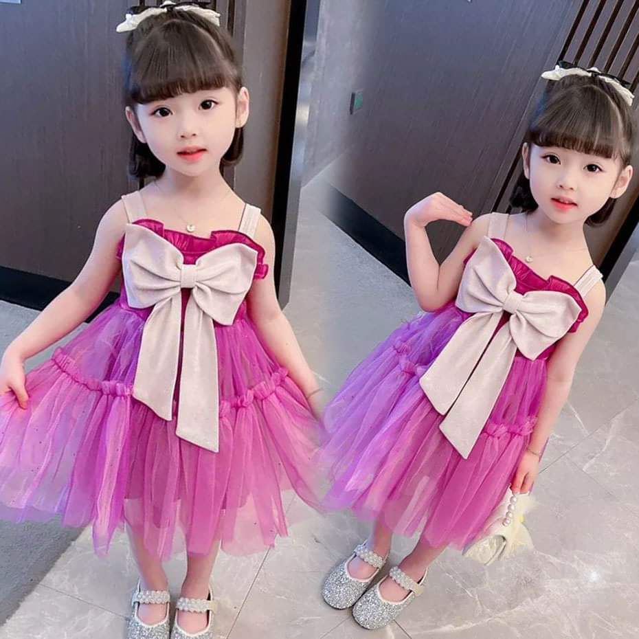 Dress Anak Warna Pink Purple Motif Pita Gaun Anak Perempuan Balita