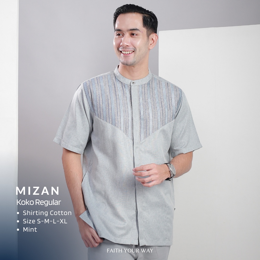 Muslimadani Baju Koko MIZAN Kemko Dewasa Lengan Pendek Baju Muslim Kemeja Koko Pria Bordir-MINT
