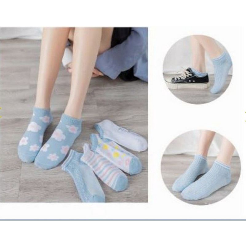 KAOS KAKI PENDEK MOTIF BUNGA BLUE / KAOS KAKI PENDEK IMPOR