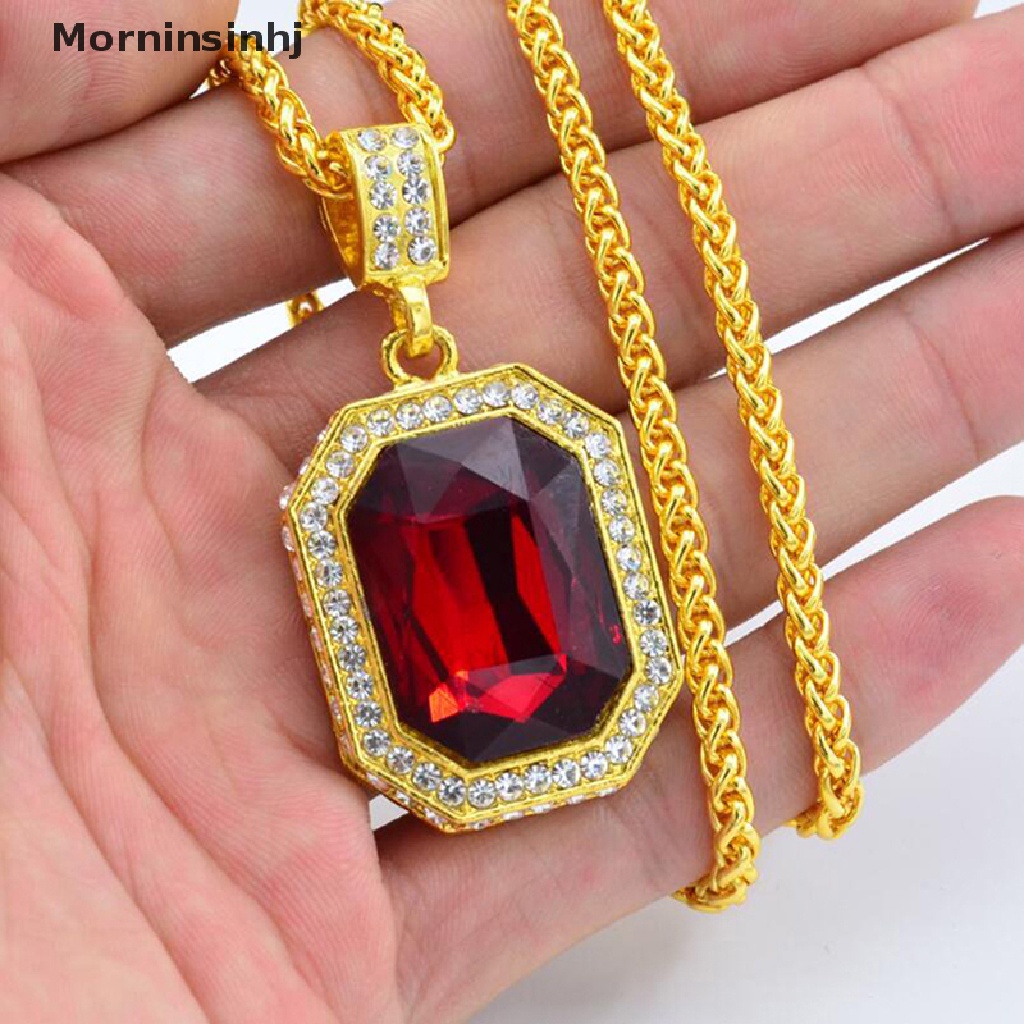 Mornin Bertatahkan Berlian Square Ruby Kalung Hip Hop Pria Liontin Batu Merah Liontin Vintage Perhiasan Kostum Aksesoris id