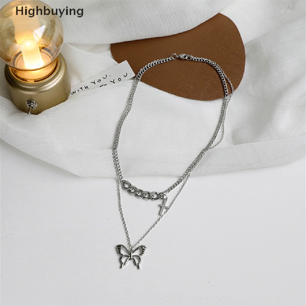 Hbid Fashion Wanita Kupu-Kupu Liontin Kalung Halus Ganda Link Rantai Salib Hip Hop Sweater Rantai Aksesoris Pesta Kalung Perhiasan Hadiah Glory