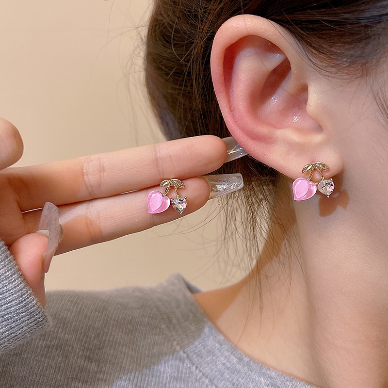 Fashion Honey Peach Earrings Korean Style Small Fresh Pink Love Rhinestone Cherry Earrings