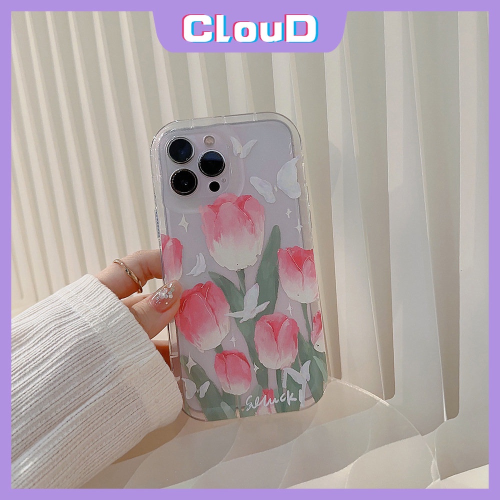 IPHONE Fashion Butterfly Clear Case Kompatibel Untuk Iphone11 7 8 6s 6 Plus XR 14 11 13 12 Pro Max X XS Max SE 2020 Fresh Spring Flowers Tulips Airbag Shockproof Soft TPU Back Cover