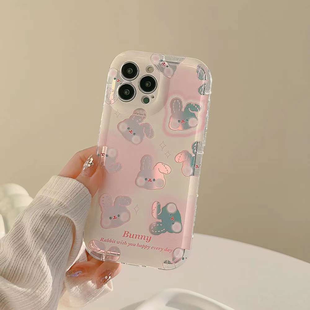 IPHONE Ins Pola Kelinci Cocok Untuk Iphone14 14pro 14plus 13 13mini 13pro 13prm iPhone12 7Plus 8Plus Xr XS 13 12mini Pro Max Empat Sudut Casing Ponsel Transparan Tahan Guncangan