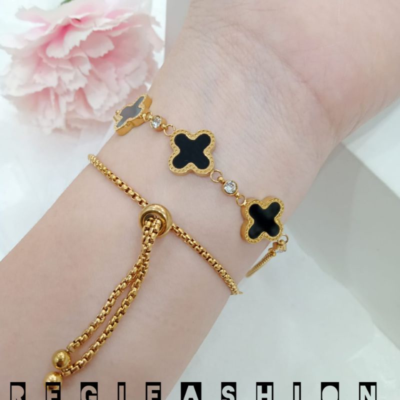 GELANG WANITA TITANIUM GELANG SERUT WANITA CLOVER HITAM GELANG WANITA TERBARU ANTI KARAT TIDAK LUNTUR