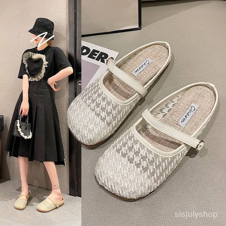 #Sisjuly# Renda dibungkus kepala setengah sandal sandal wanita baru grid burung baru bagian bawah le