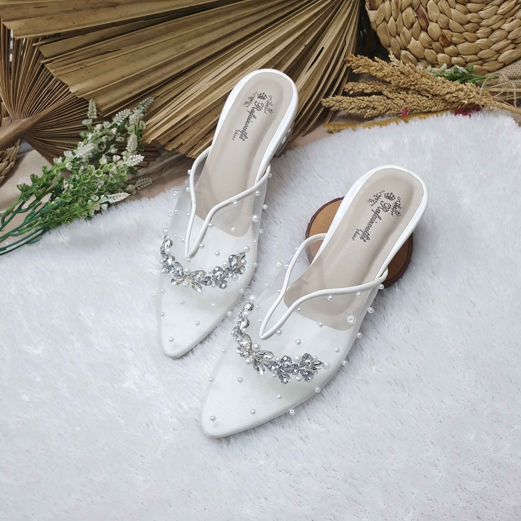 Sepatu wedding pesta cantik Zafia putih transparant hak 3cm kaca