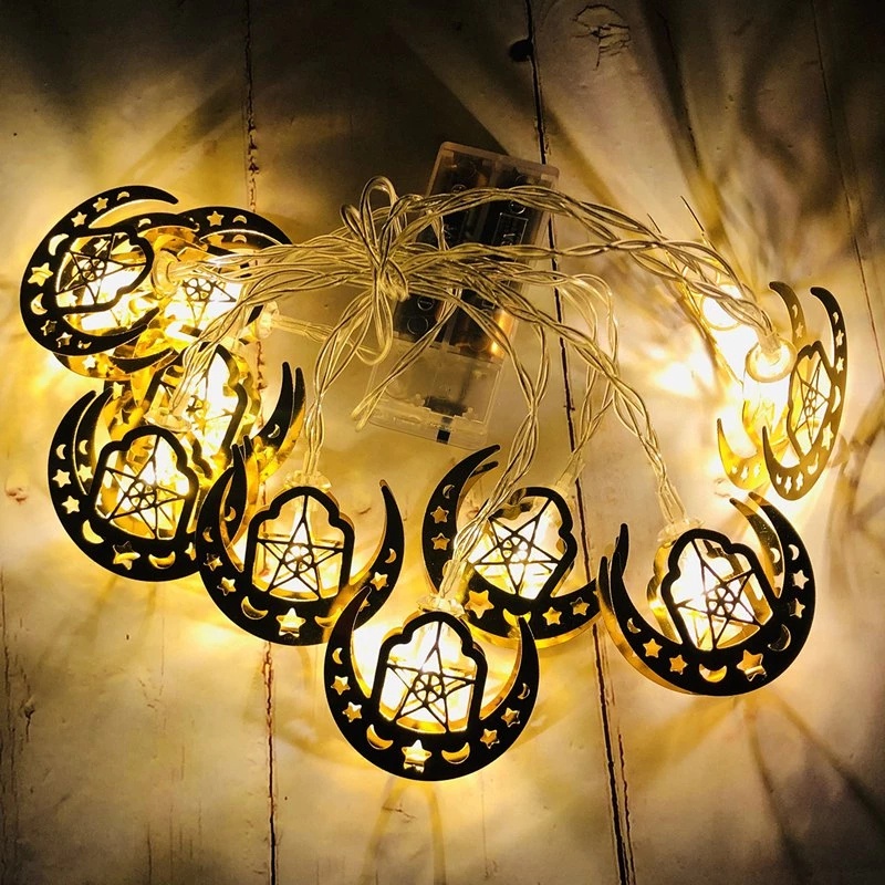 Castle Moon Star Gold Colour Lights Ramadhan Dekorasi Rumah 10LED Eid Mubarak Decor Perlengkapan Pesta Muslim Islami Lebaran Bulan Bintang Led String Light Iron Art Lampu String Led