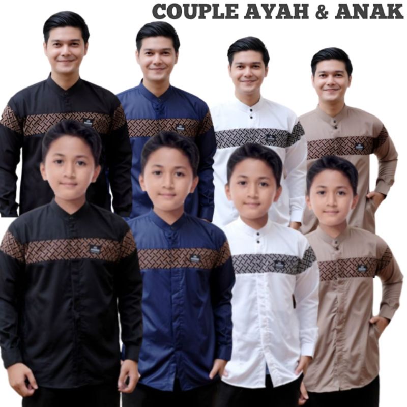 Baju Koko Couple Ayah dan Anak Laki-laki Motif Batik Kobata Qynang Baju Koko Pria Dewasa Lengan Panjang