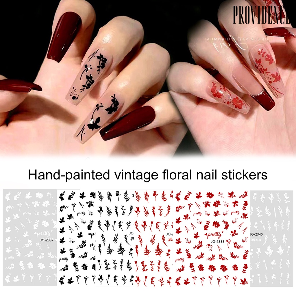 Providence 6lembar Stiker Kuku Tidak Luntur Perekat Diri Tahan Lama DIY Warna Solid Hitam Putih Digambar Tangan Daun Mawar Nail Art Decal Salon Kuku Supply