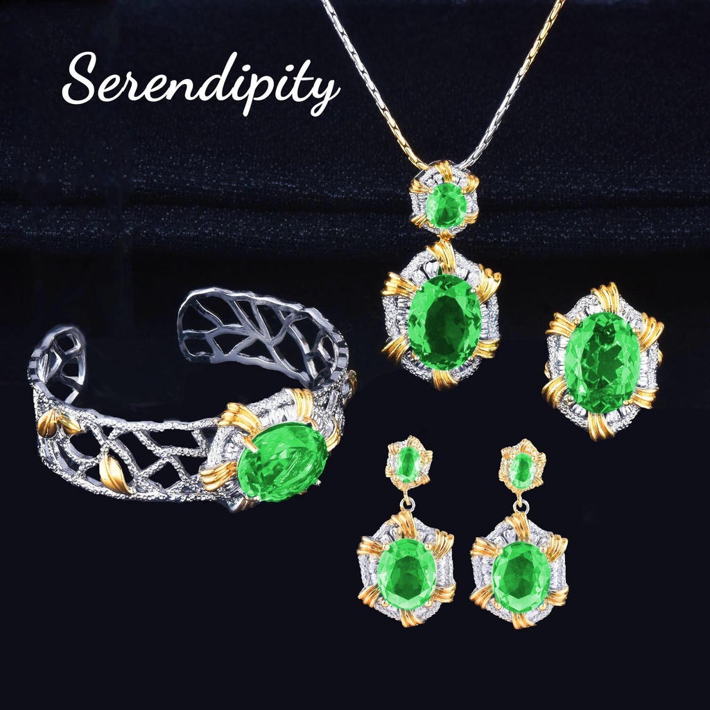 Goldkingdom Fashion Perhiasan Aksesoris Ready Stock Kerajinan Italia Warna Hijau Olive Harta Set Terang Paraiba Liontin Cincin Terbuka Berlian Kuning Eardrop Gelang