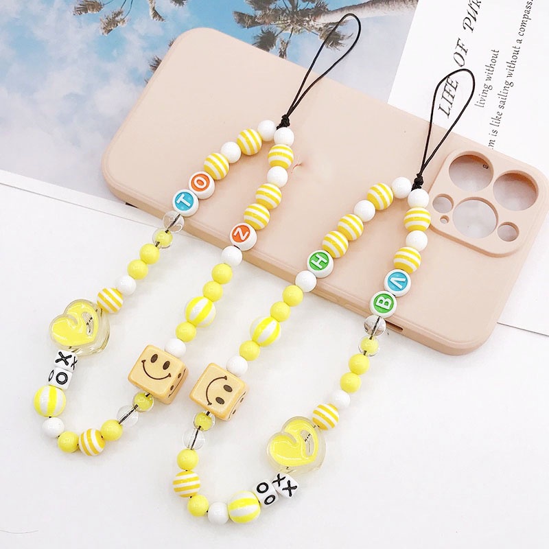 Smile Face Cube Bead Kuning Bergaris Manik Bulat Rantai Phone Strap Untuk iPhone Android OPPO VIVO Huawei Xiaomi Redmi Samsung