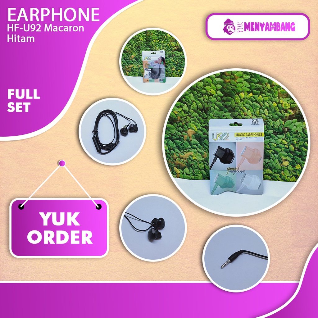42645 | HF-U92 Macaron Hitam | Stereo Music Earphone U92 Extra Bass