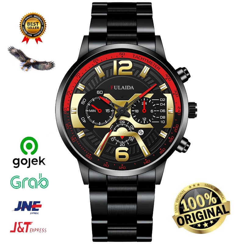 jam tangan Fulaida stainless steel pria Original Import - Hitam