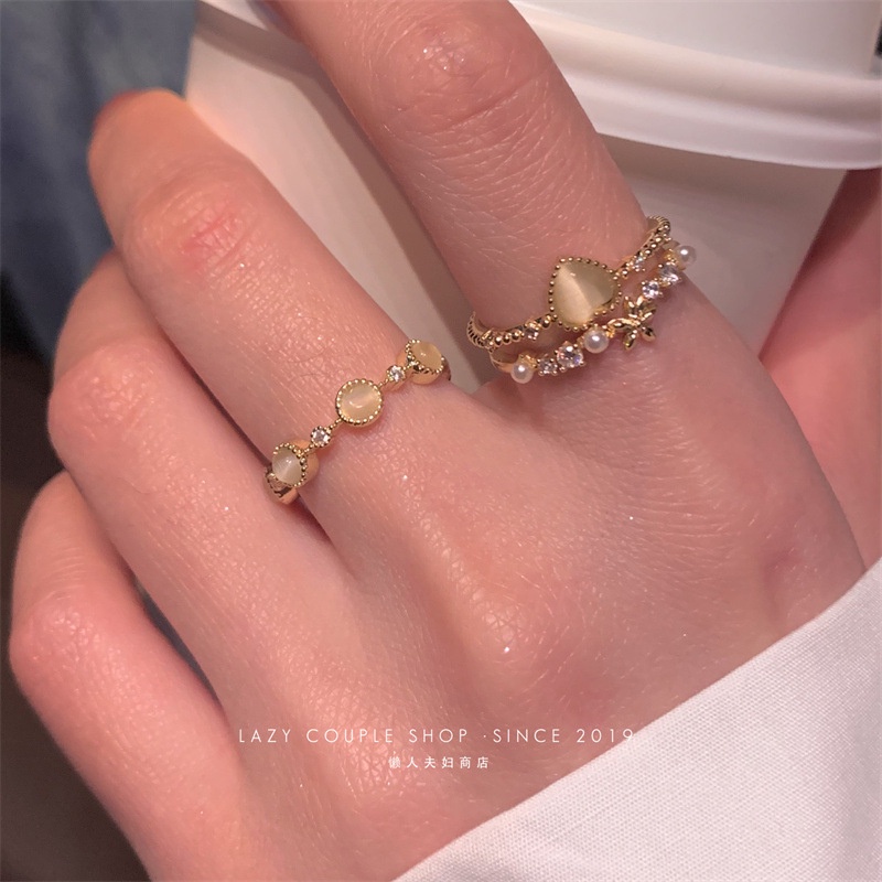 Cincin Emas Wanita Elegan Opal Hati Mutiara Kristal Ring Aksesoris Perhiasan