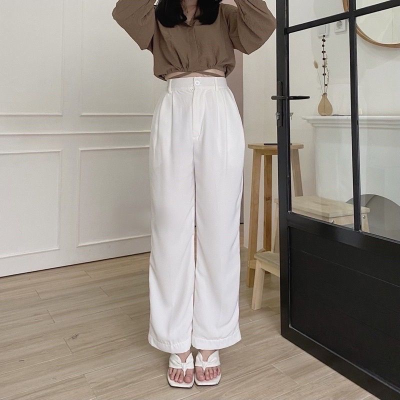 LOOSE PANTS TROUSERS PUTIH CELANA ANTI KUSUT WANITA CELANA KULOT WANITA CELANA KANTOR FORMAL CELANA KERJA WANITA