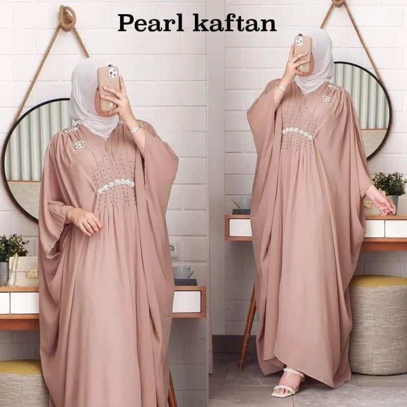 ALFAZZA STORE - kaftan lebaran - terbaru COD - TERMURAH  - Pearl Kaftan / Baju Dress Kaftan Terbaru 2023 Bahan Ceruty Babydoll Aplikasi Mutiara Dan Renda Full Puring / Pakaian Wanita Muslim / EF