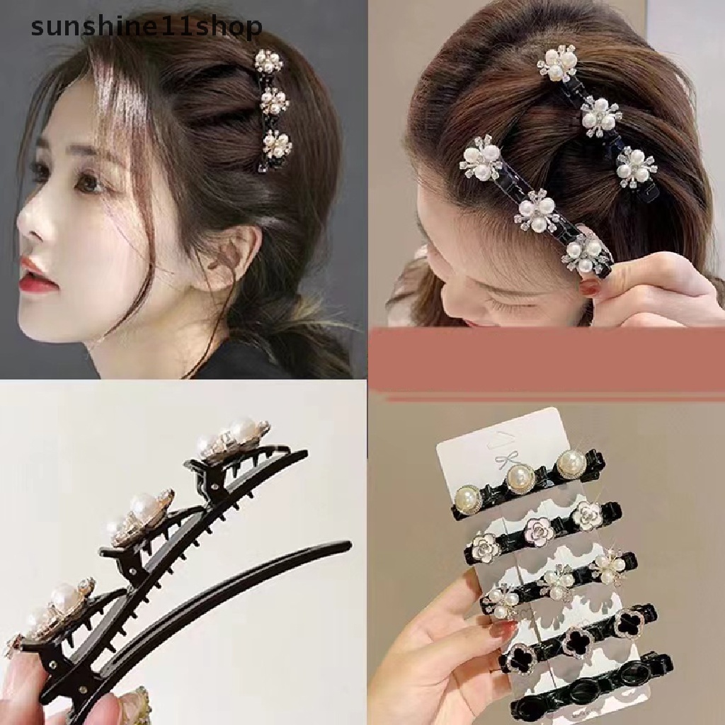 Sho Sparkling Crystal Stone Braided Hair Clip Double Bangs Braided Barrettes Jepit Rambut Wanita Perempuan Hiasan Kepala Aksesoris Styling Rambut N