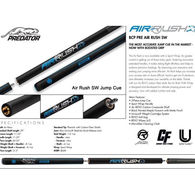 PROMO  PREDATOR AIR RUSH CARBON JUMP CUE SW - STICK BILLIARD BOLA
