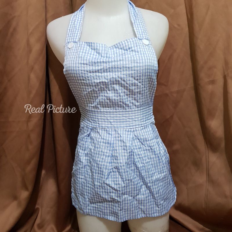 LINGERIE COSPLAY SEXY PELAYAN MAID BIG SIZE KOTAK KOTAK TARTAN  IKAT BELAKANG ANTI PELAKOR BAJU DINA